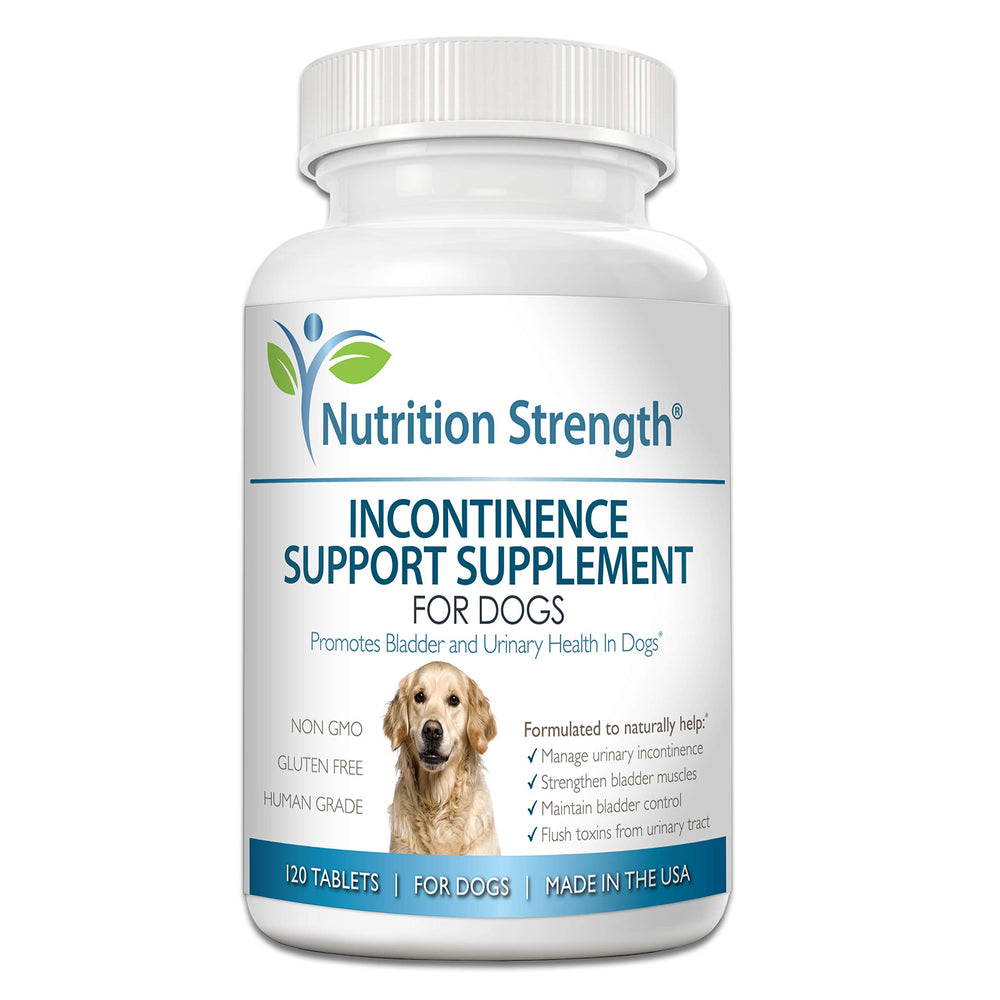 Nutrition Strength dog incontinence support bottle front demonstrates easy daily administration for bladder health.