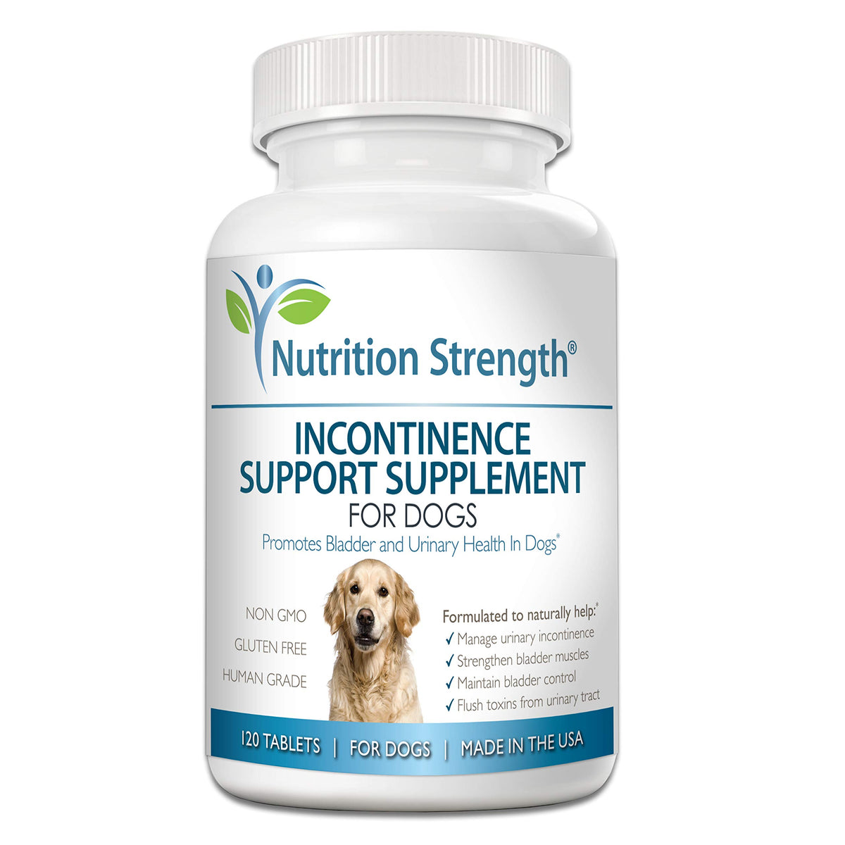 Nutrition Strength dog incontinence support bottle front demonstrates easy daily administration for bladder health.