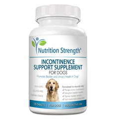 Nutrition Strength dog incontinence support bottle front demonstrates easy daily administration for bladder health.