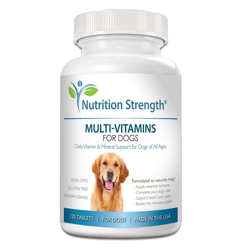 Nutrition Strength dog multivitamin packaging shows daily support for all breeds.