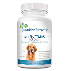 Nutrition Strength dog multivitamin packaging shows daily support for all breeds.