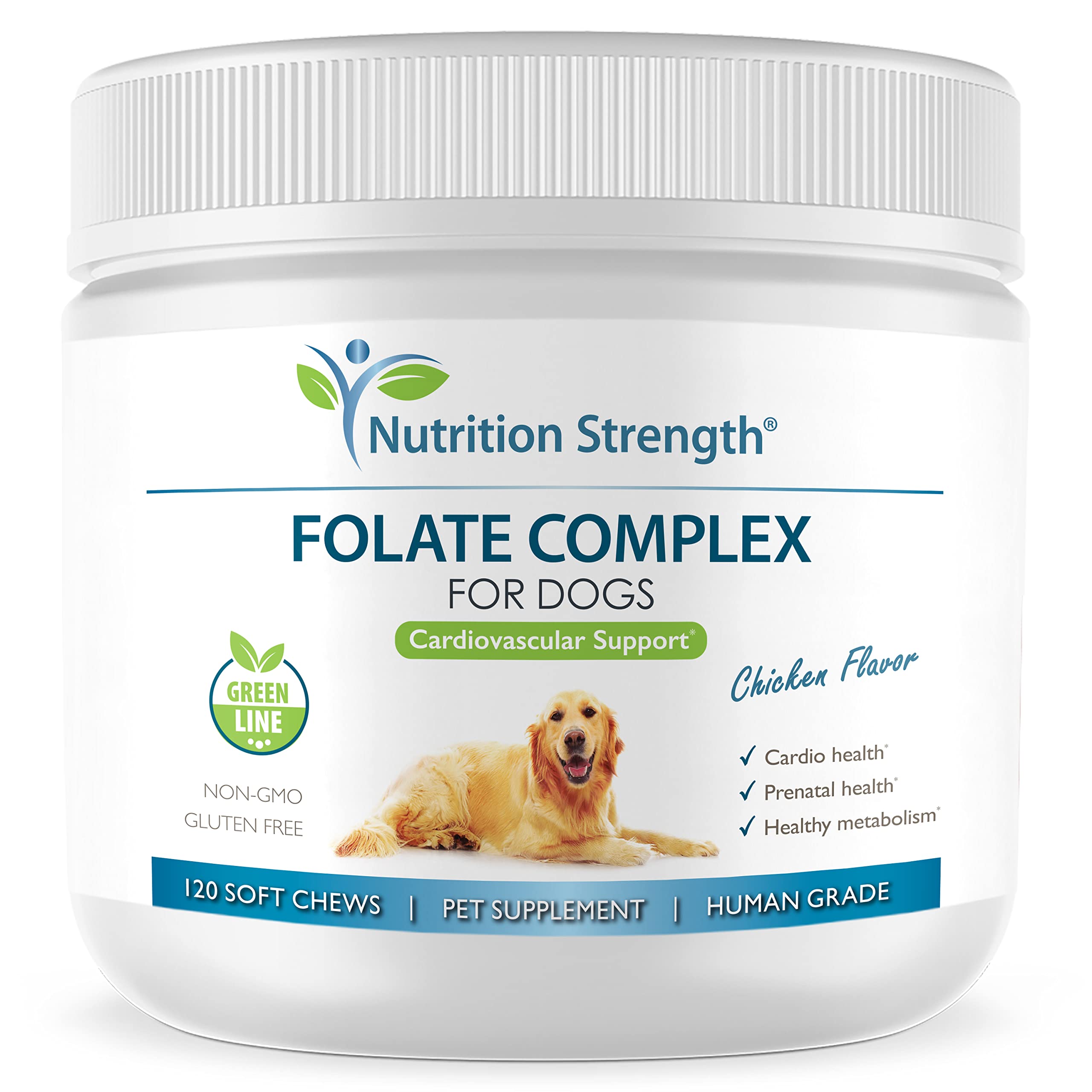 Nutrition Strength Folate for Dogs bottle label showing cardiovascular support chews