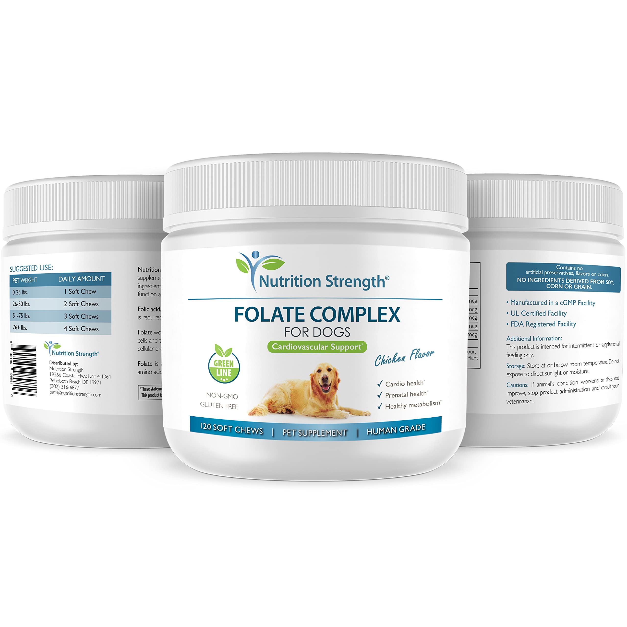 Nutrition Strength Folate for Dogs packaging display underscores USA-made quality