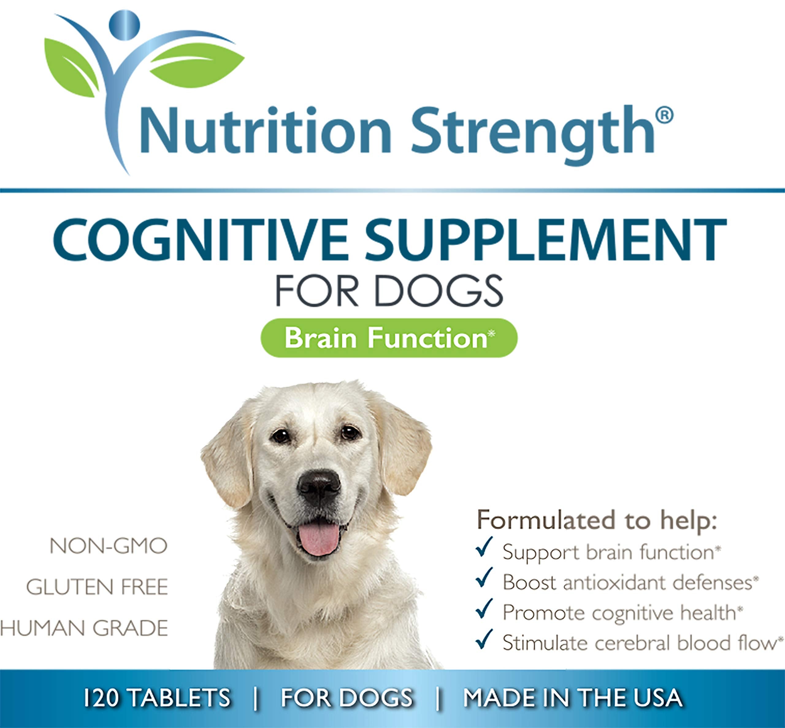 Nutrition Strength gluten-free dog-supplement bottle emphasizes safe daily brain support.