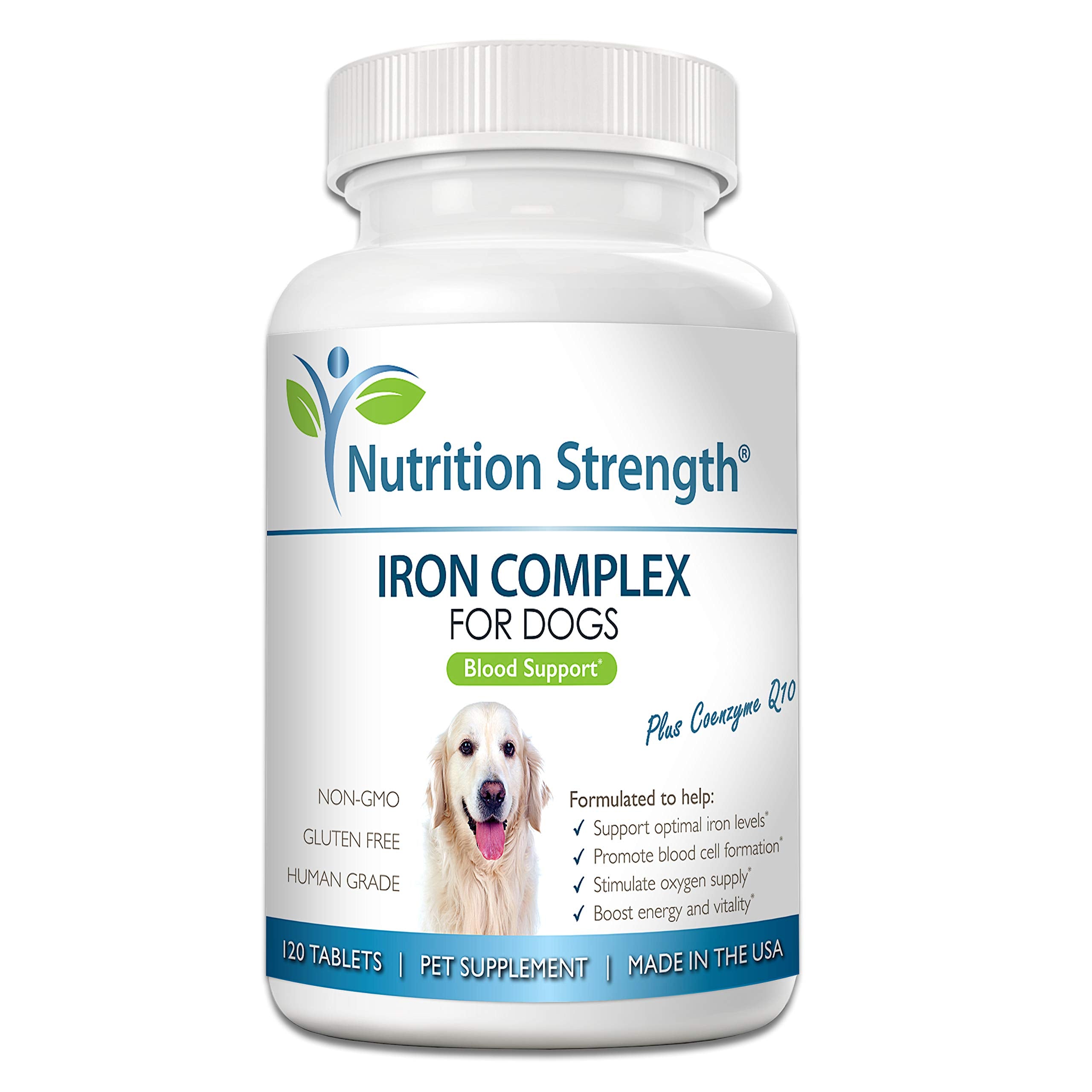 Nutrition Strength Iron for Dogs bottle with chews promoting blood health.