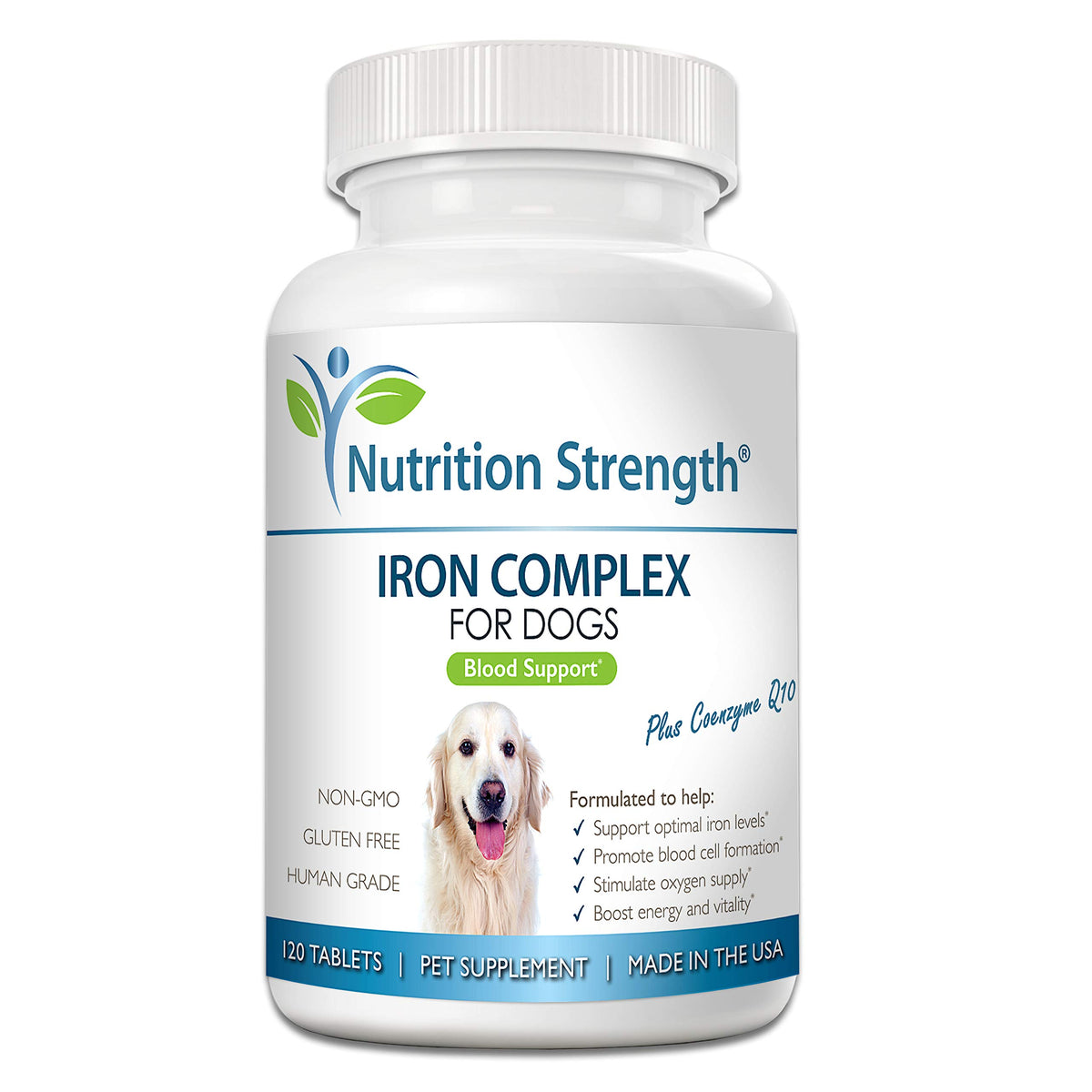 Nutrition Strength Iron for Dogs bottle with chews promoting blood health.