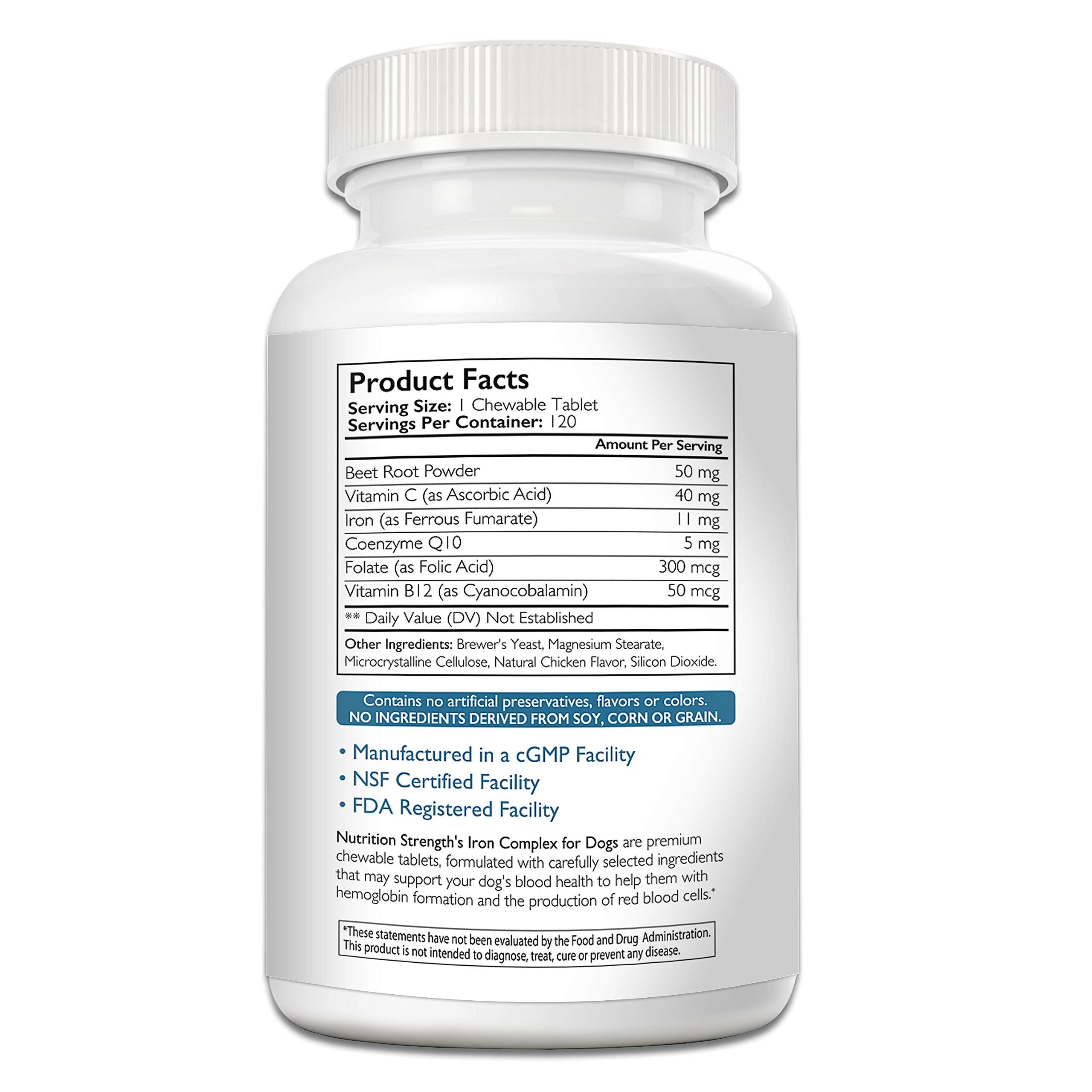 Nutrition Strength Iron for Dogs chew close-up showing easy-to-take tablets.