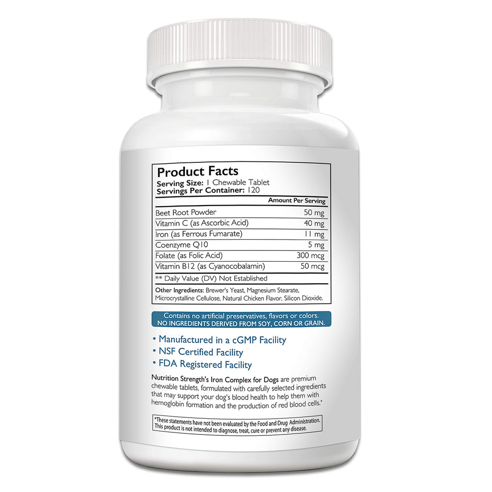 Nutrition Strength Iron for Dogs chew close-up showing easy-to-take tablets.