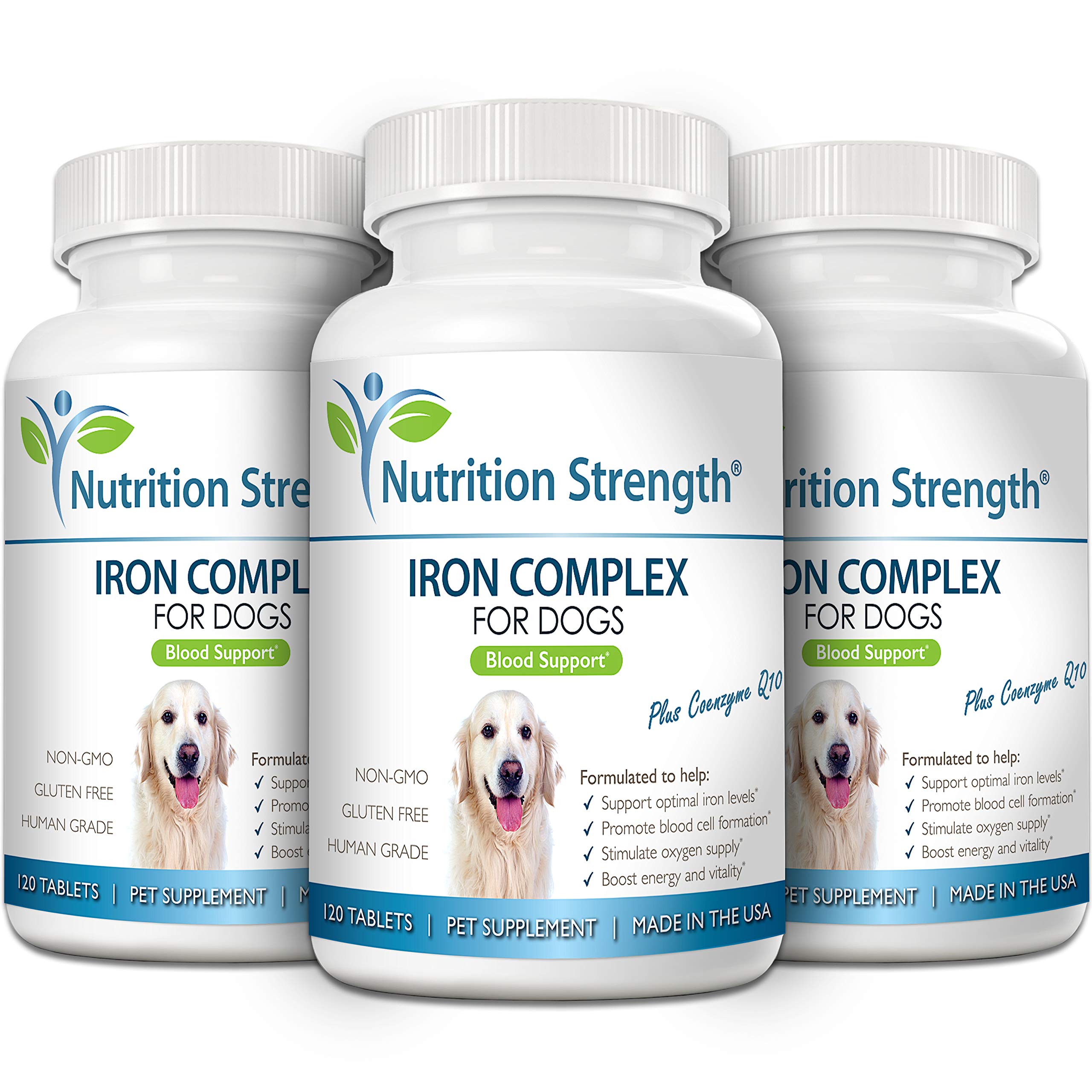 Nutrition Strength Iron for Dogs label highlights vitamins C, B12 and folate.