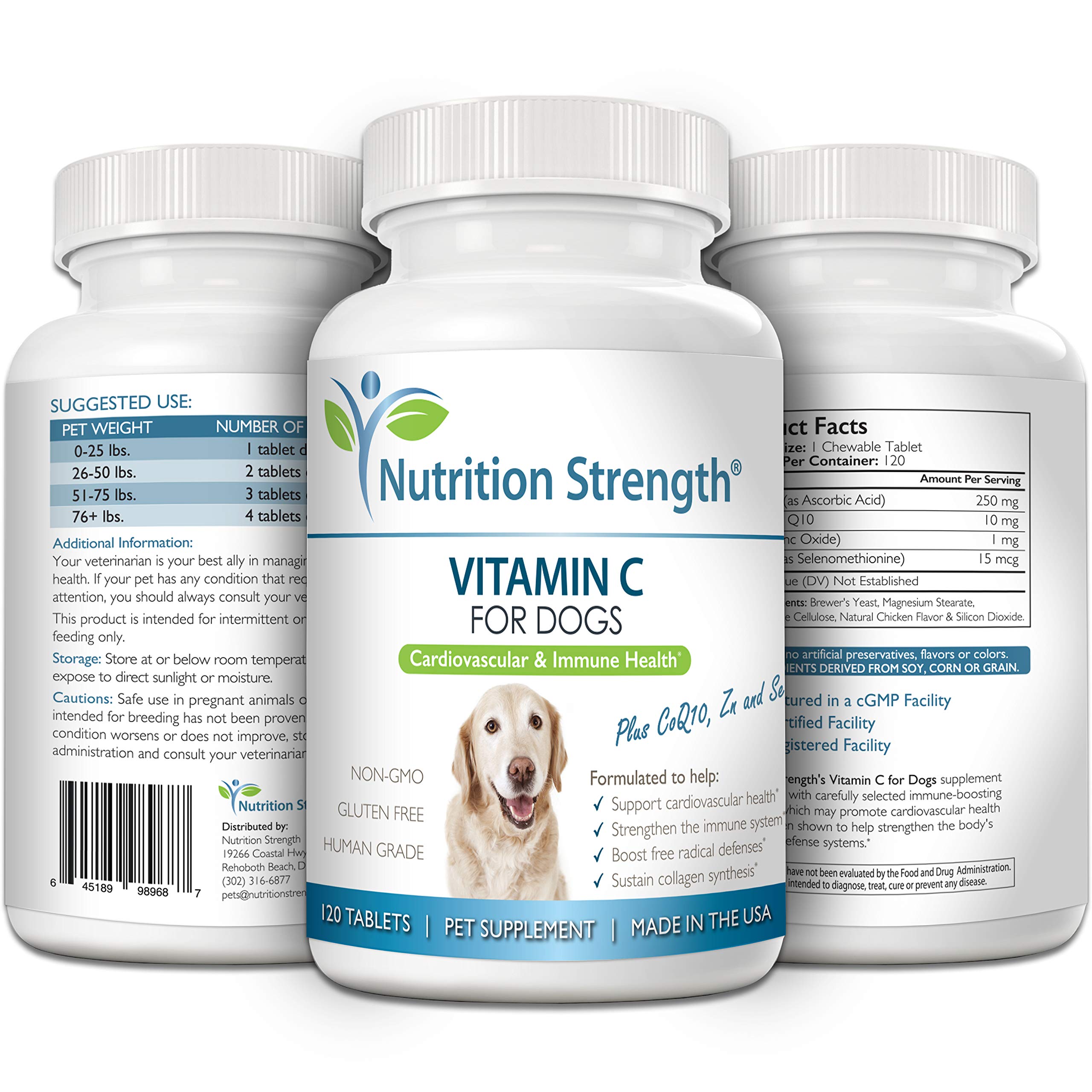 Nutrition Strength Made in USA label on dog vitamin C supplement bottle