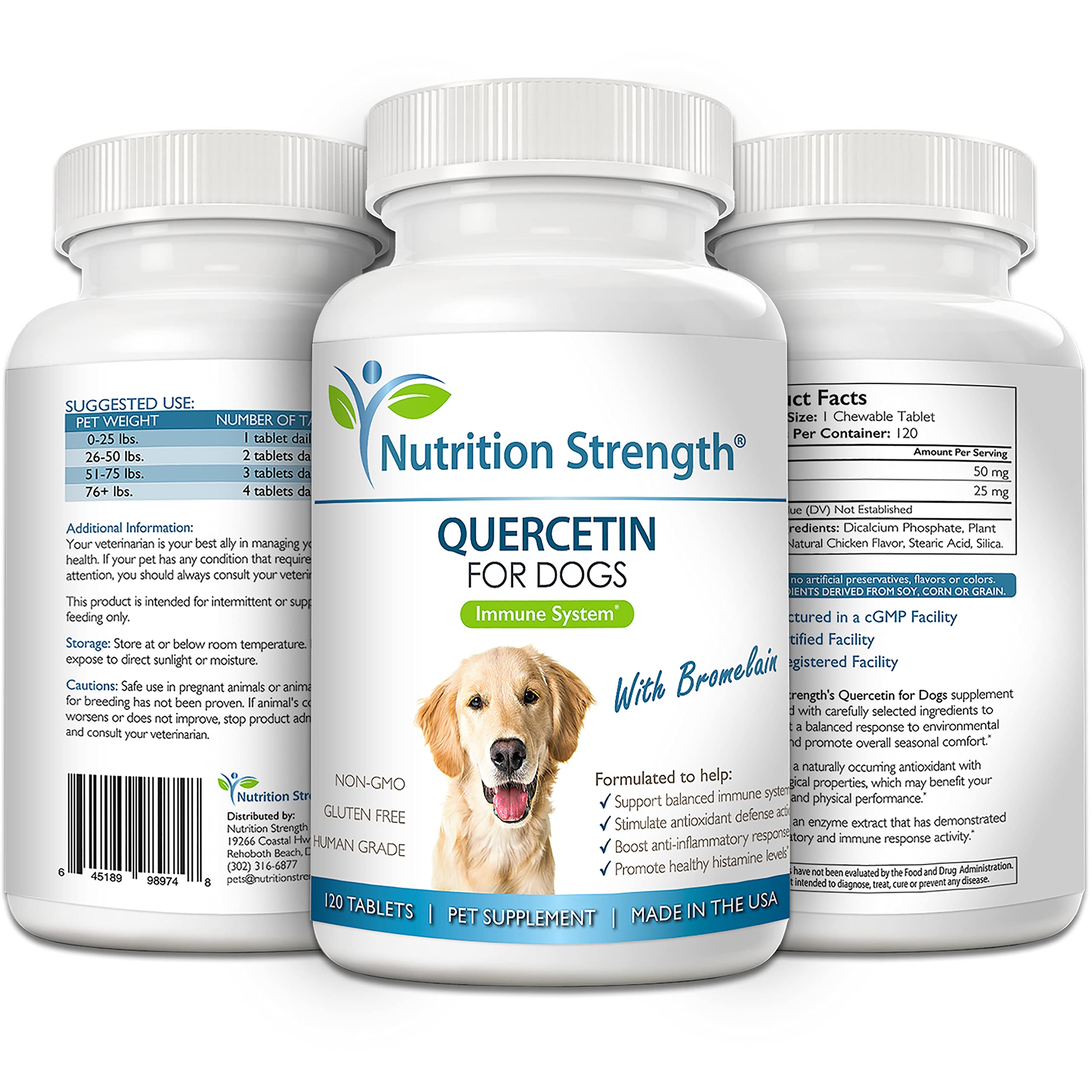 Nutrition Strength quercetin for dogs with bromelain bottle on counter signals premium USA-made supplement.