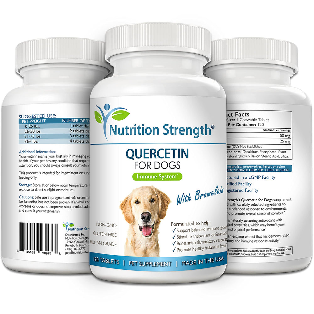 Nutrition Strength quercetin for dogs with bromelain bottle on counter signals premium USA-made supplement.