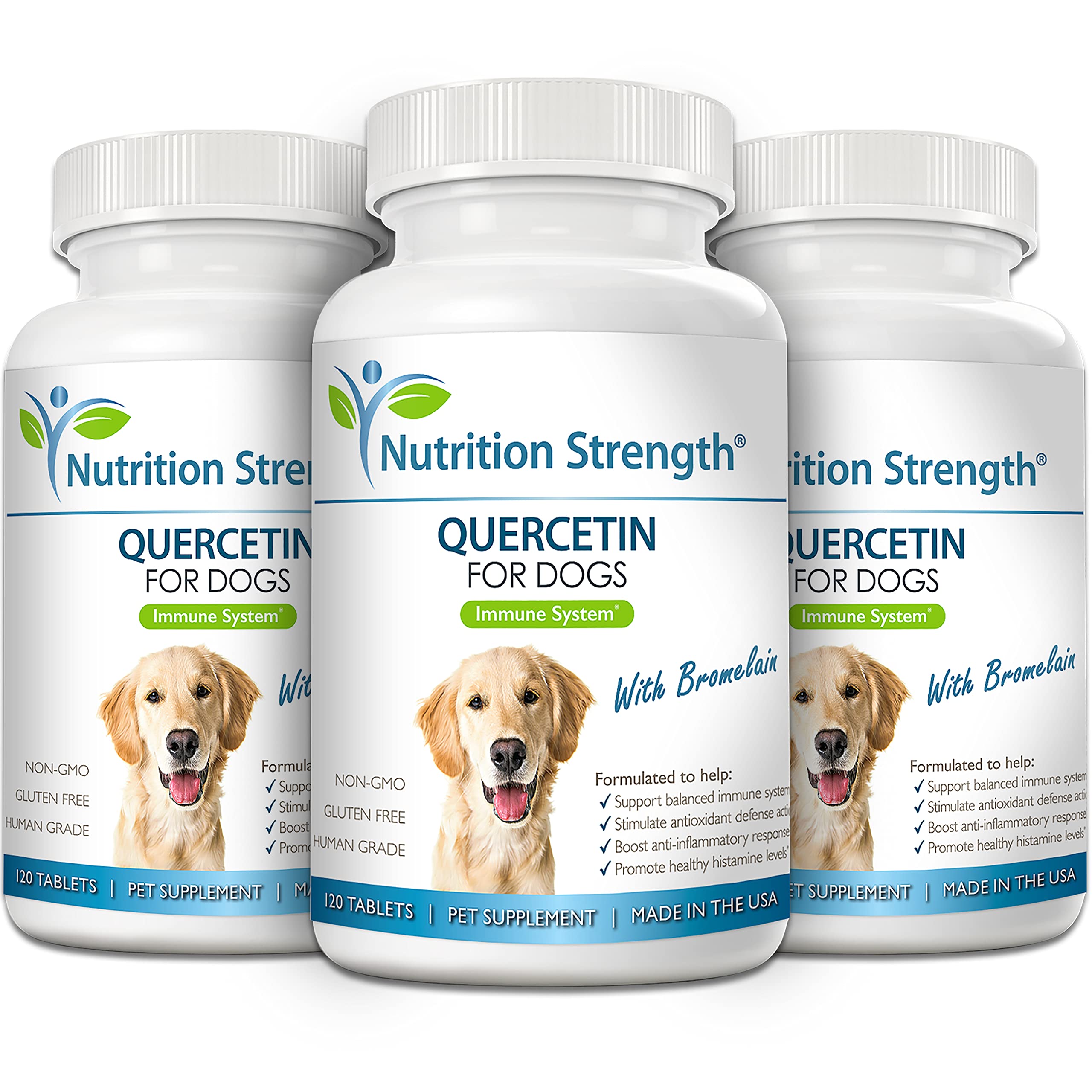 Nutrition Strength quercetin for dogs with bromelain paw-holding-pack image suggests easy administration.