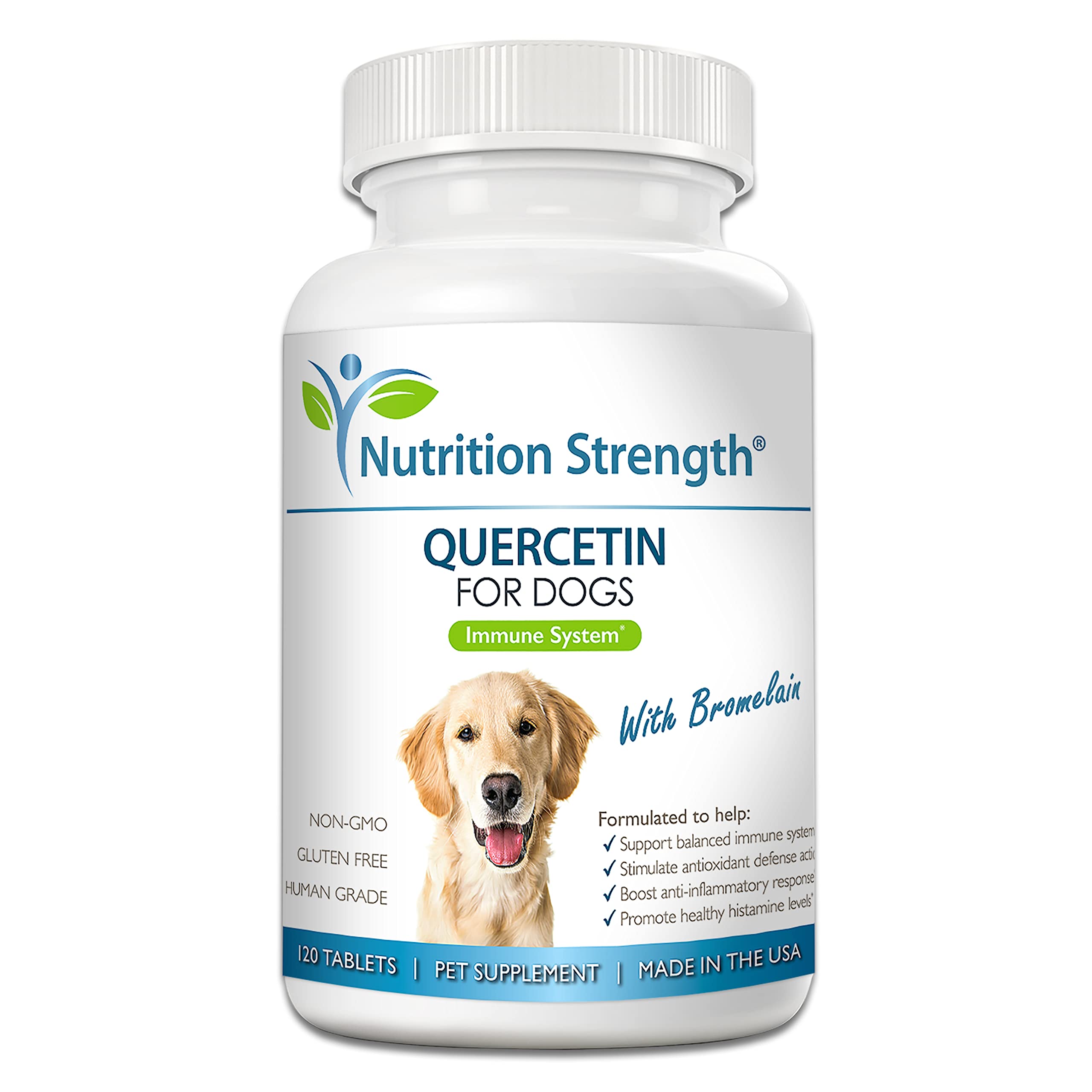 Nutrition Strength quercetin for dogs with bromelain packaging demonstrates immune support potential.