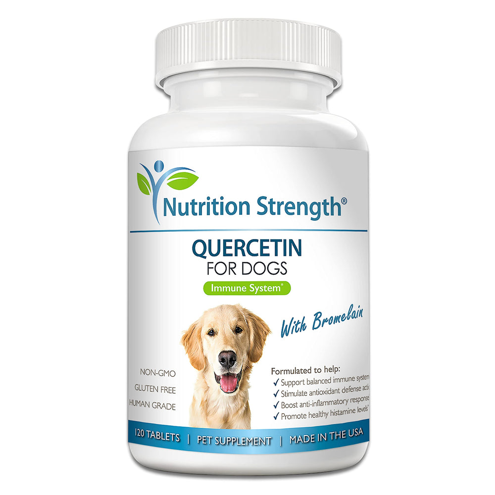 Nutrition Strength quercetin for dogs with bromelain packaging demonstrates immune support potential.