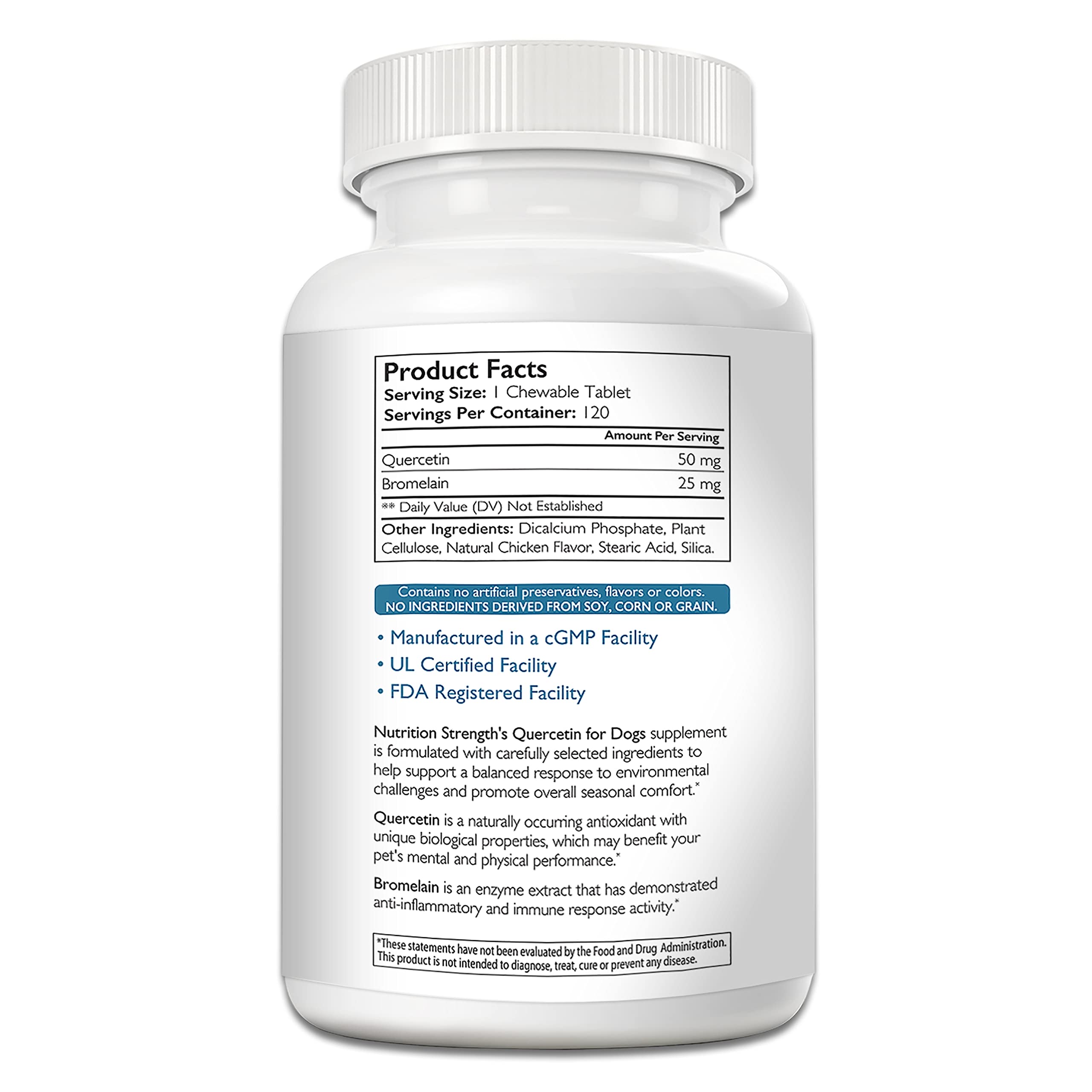 Nutrition Strength quercetin for dogs with bromelain tablets close-up highlights chewable wellness option.