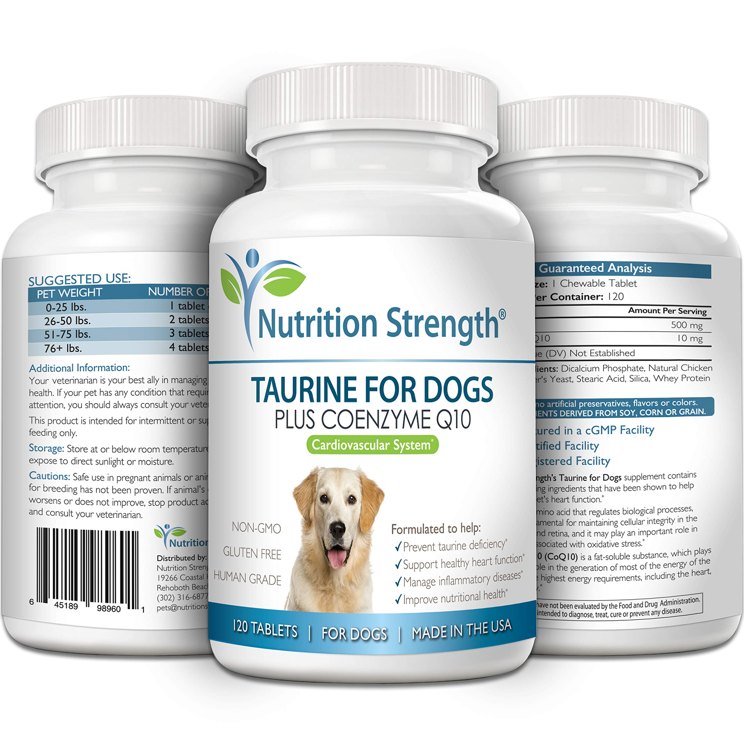 Nutrition Strength Taurine for Dogs bottle label shows USA-made quality and trusted heart nutrition.