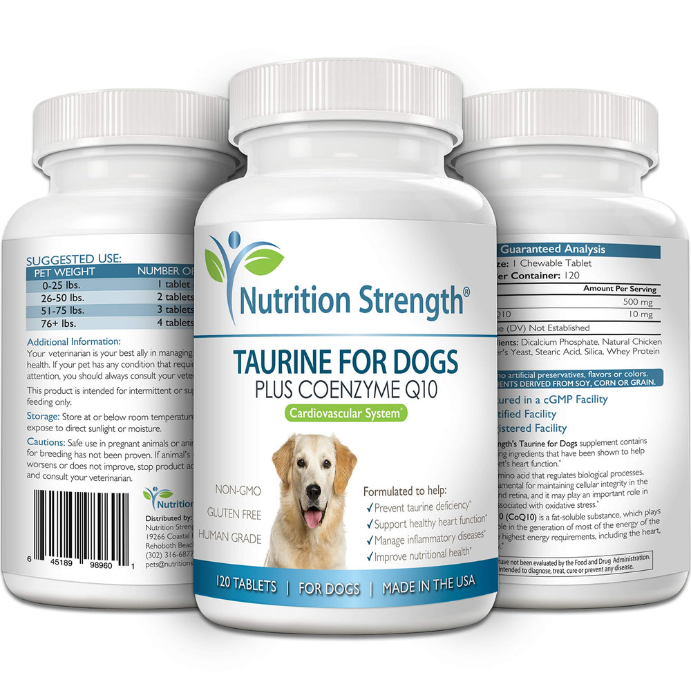Nutrition Strength Taurine for Dogs bottle label shows USA-made quality and trusted heart nutrition.