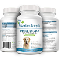 Nutrition Strength Taurine for Dogs bottle label shows USA-made quality and trusted heart nutrition.