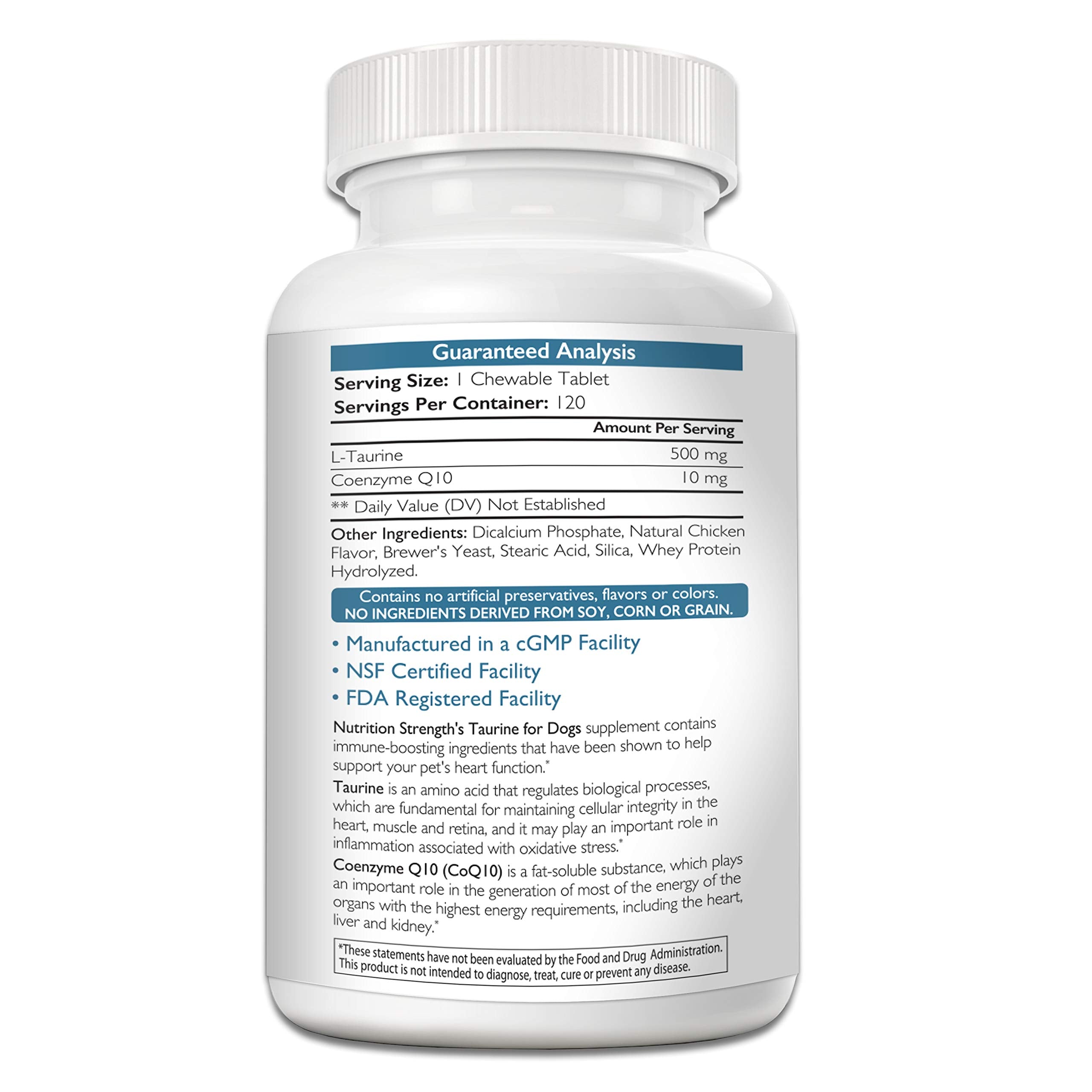 Nutrition Strength Taurine for Dogs chewable tablet close-up highlights reliable dosing for heart health.