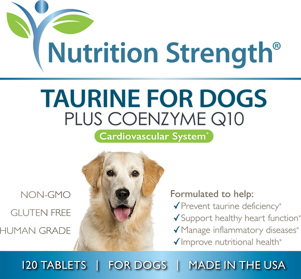 CoQ10 included in Nutrition Strength Taurine for Dogs packaging signals energy support for the heart.