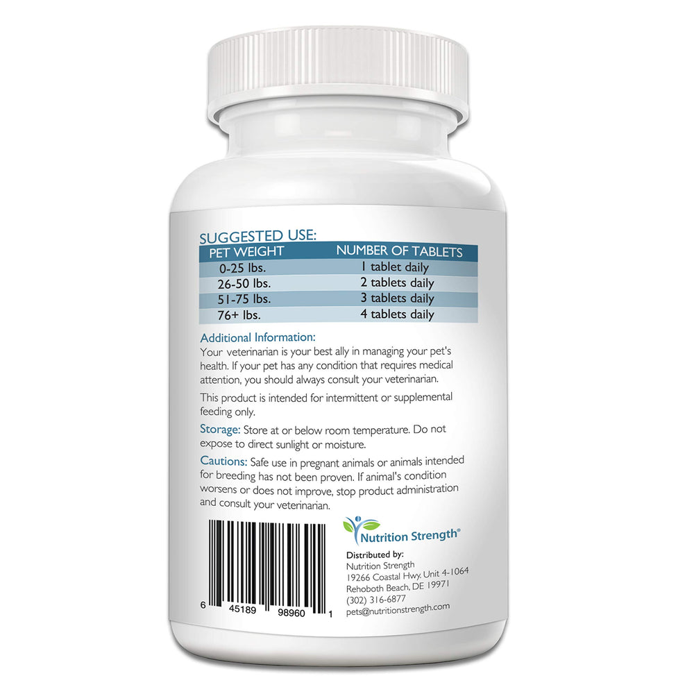Nutrition Strength Taurine for Dogs tablets beside a dog bowl illustrate daily heart support.
