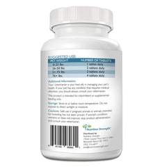 Nutrition Strength Taurine for Dogs tablets beside a dog bowl illustrate daily heart support.