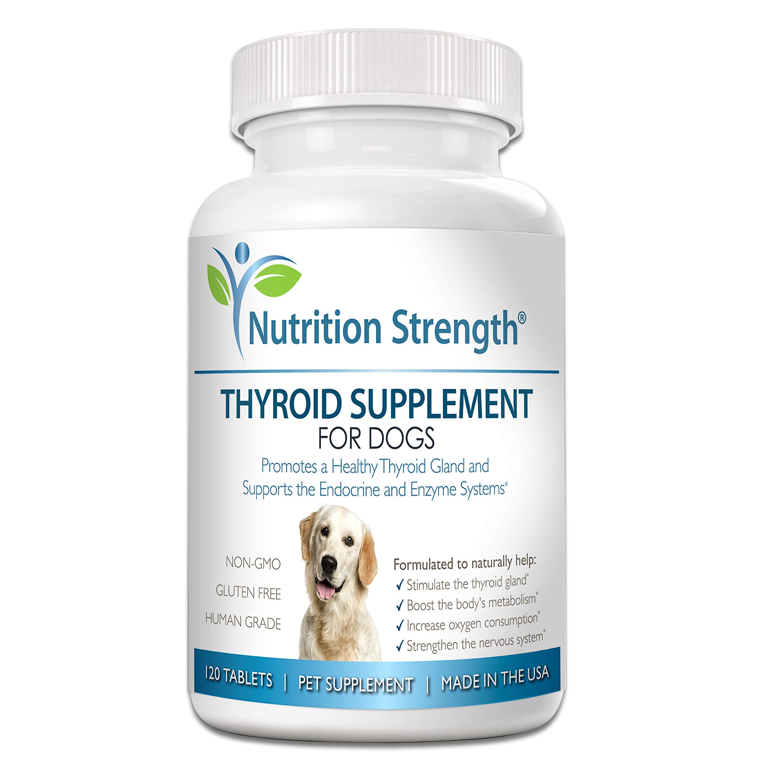 Nutrition Strength Thyroid dog bottle front promotes natural thyroid support for dogs.