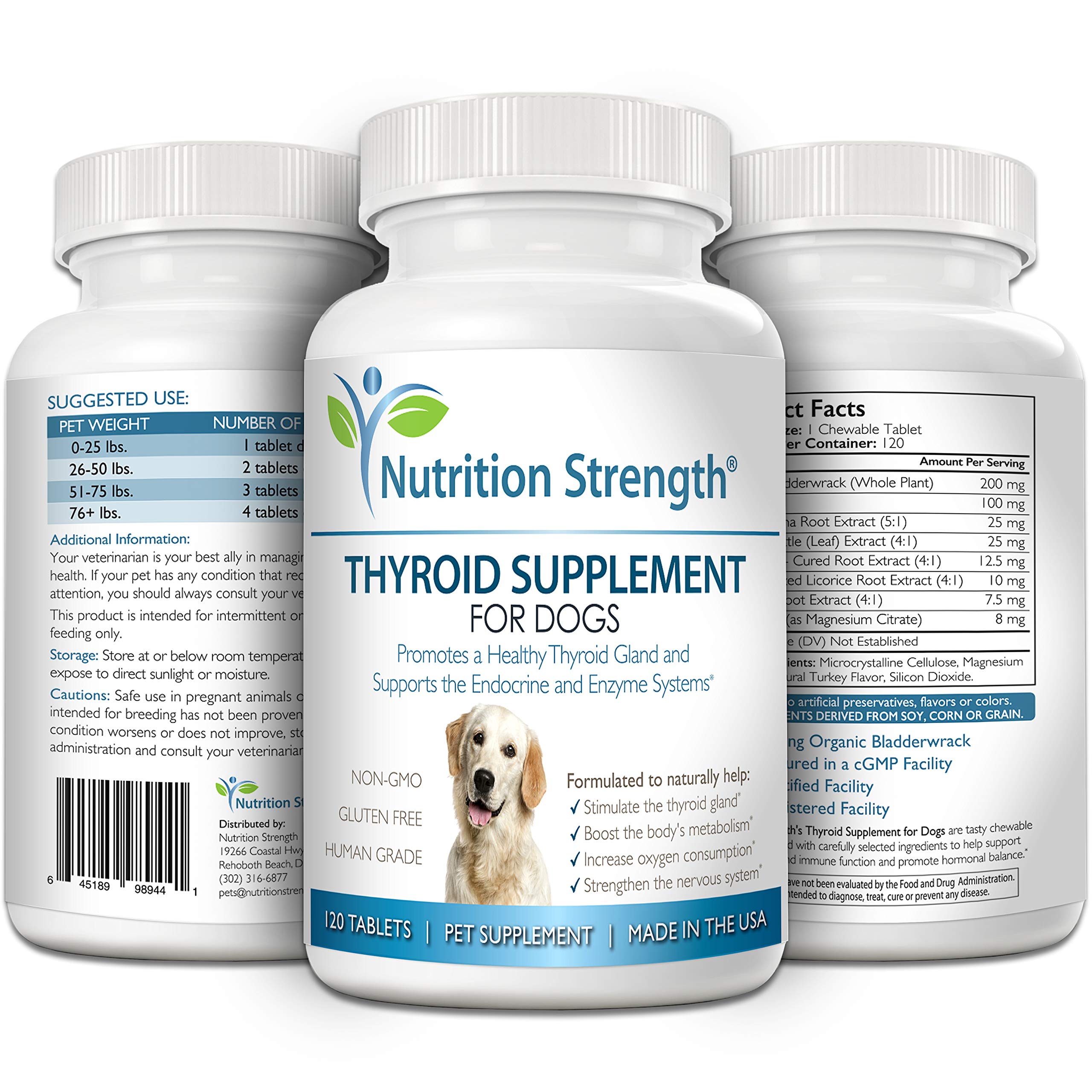 Nutrition Strength Thyroid dog bottle-label emphasizes USA-made quality and safe premium chewables.