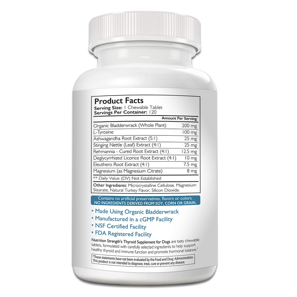 Nutrition Strength Thyroid dog eating treats image shows easy daily administration for pet owners.