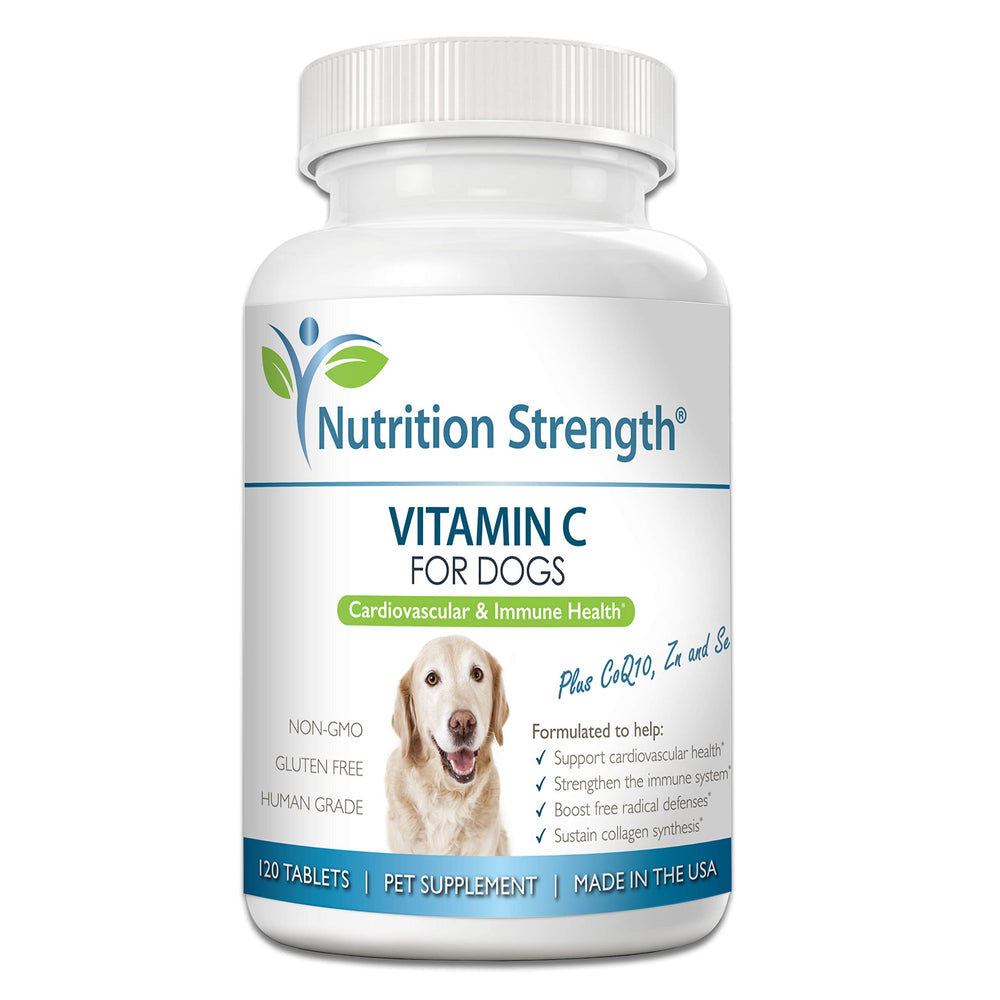 Nutrition Strength Vitamin C for Dogs bottle shows tasty chewables for heart health support