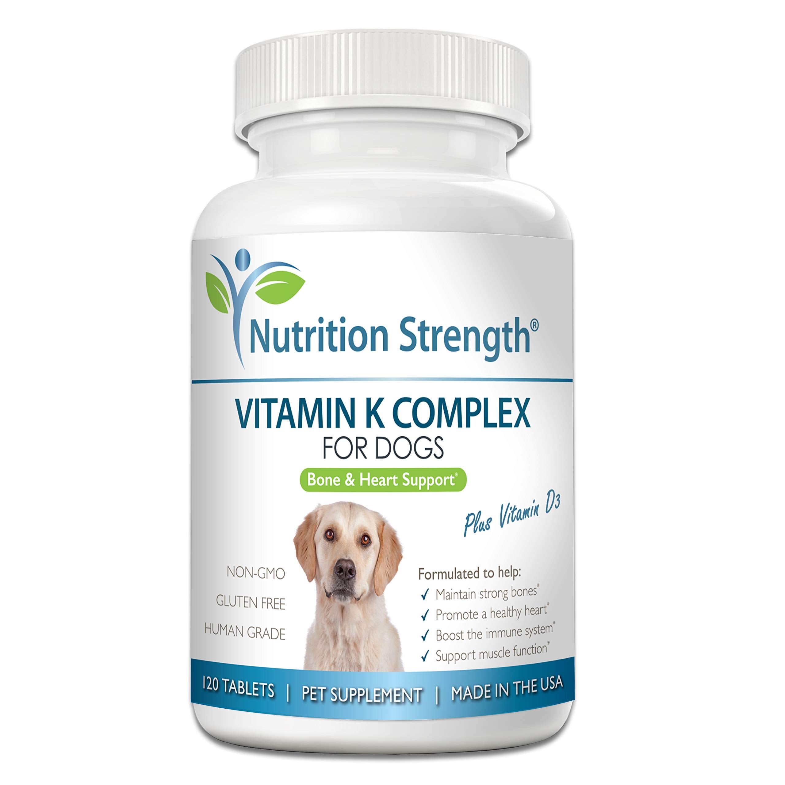 Nutrition Strength vitamin K for dogs bottle shows bone health support visuals