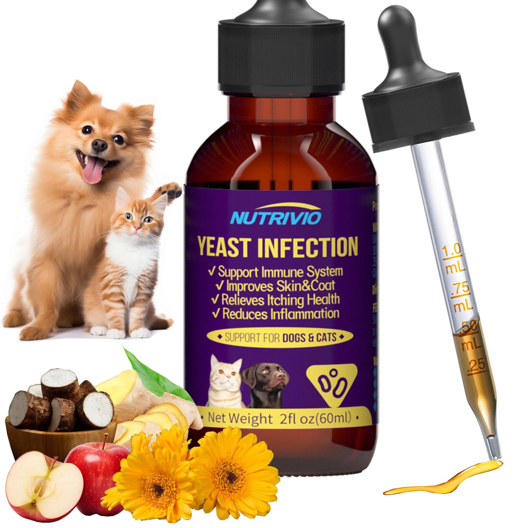 Nutrivio dog yeast infection drops bottle demonstrates gentle itch relief for pets