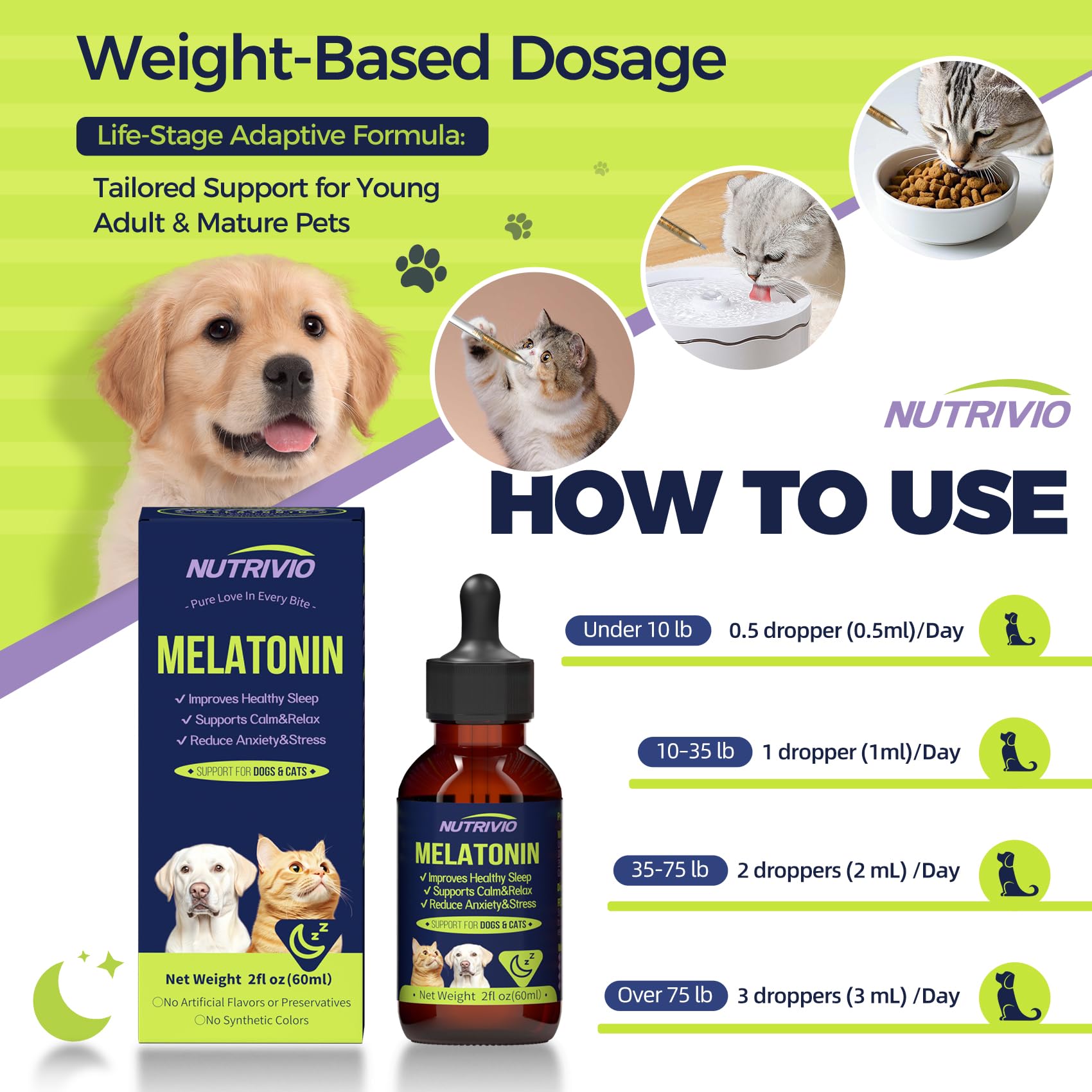 Nutrivio pet melatonin bottle sits beside food bowls for easy administration.