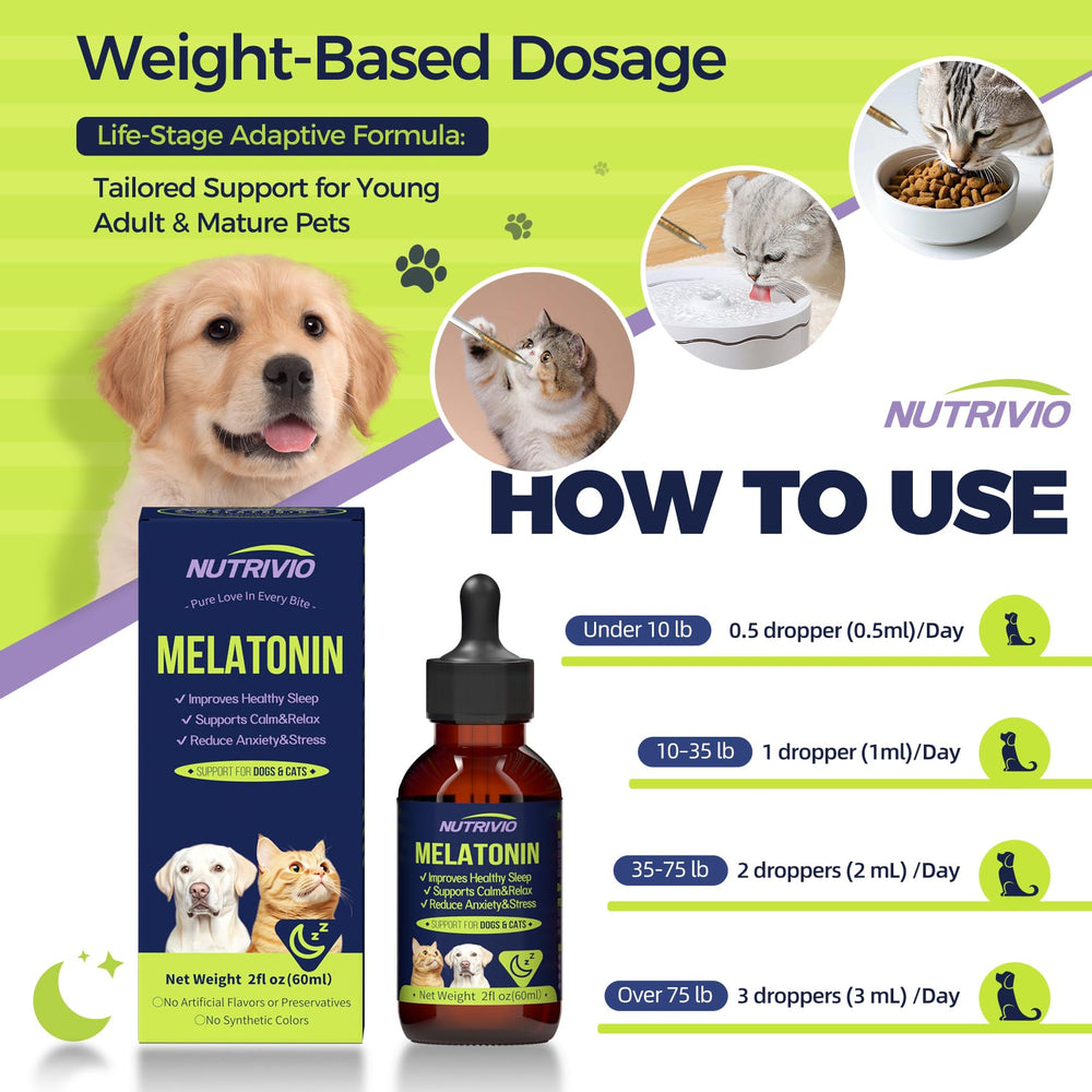Nutrivio pet melatonin bottle sits beside food bowls for easy administration.