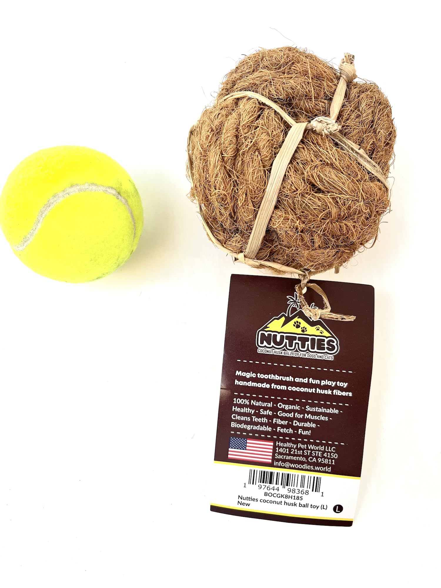 Nutties coconut fiber ball toy for dogs in large size, ready for natural chew play.