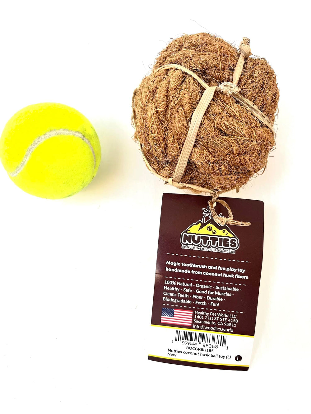Nutties coconut fiber ball toy for dogs in large size, ready for natural chew play.