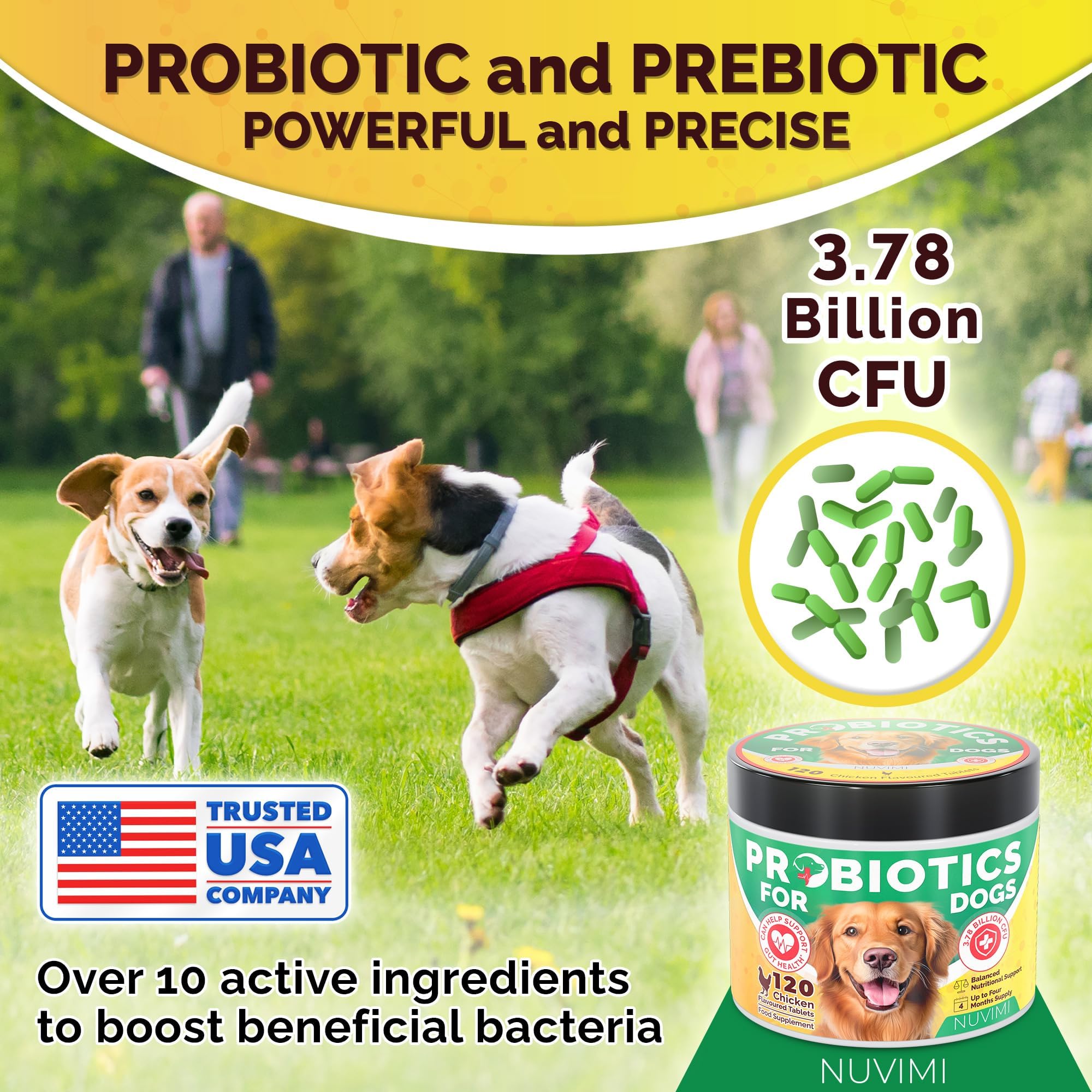 NUVIMI Probiotics for Dogs bottle with dosage spoon shows easy daily dosing for pups.