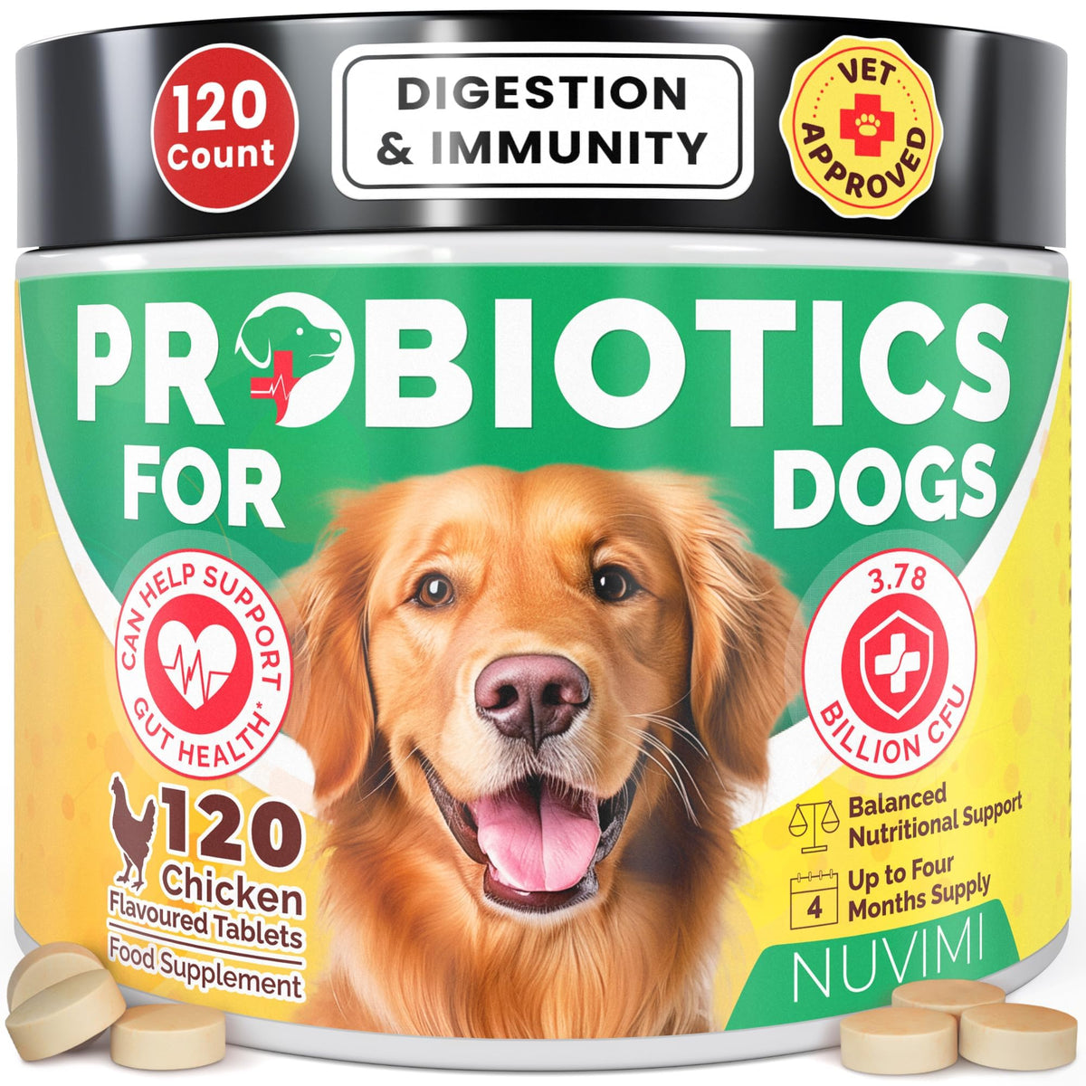 NUVIMI Probiotics for Dogs bottle front highlights gut health support for pets.