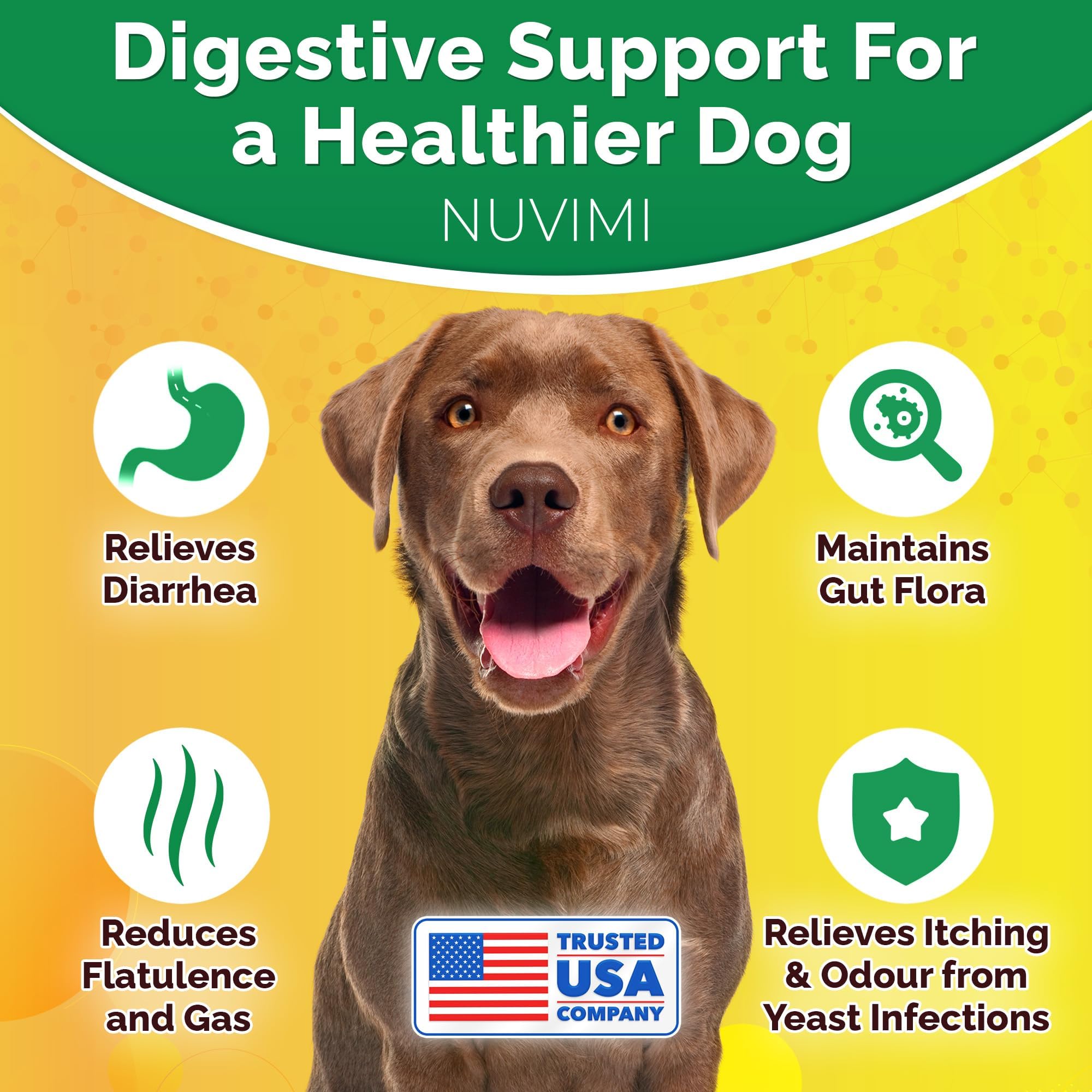 NUVIMI Probiotics for Dogs chicken-flavor tablets shown with treats for easy administration.