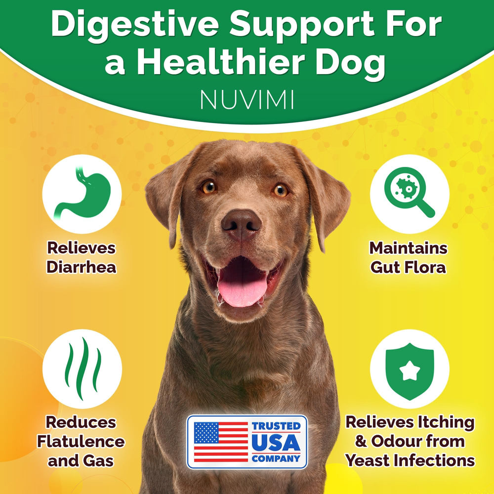 NUVIMI Probiotics for Dogs chicken-flavor tablets shown with treats for easy administration.