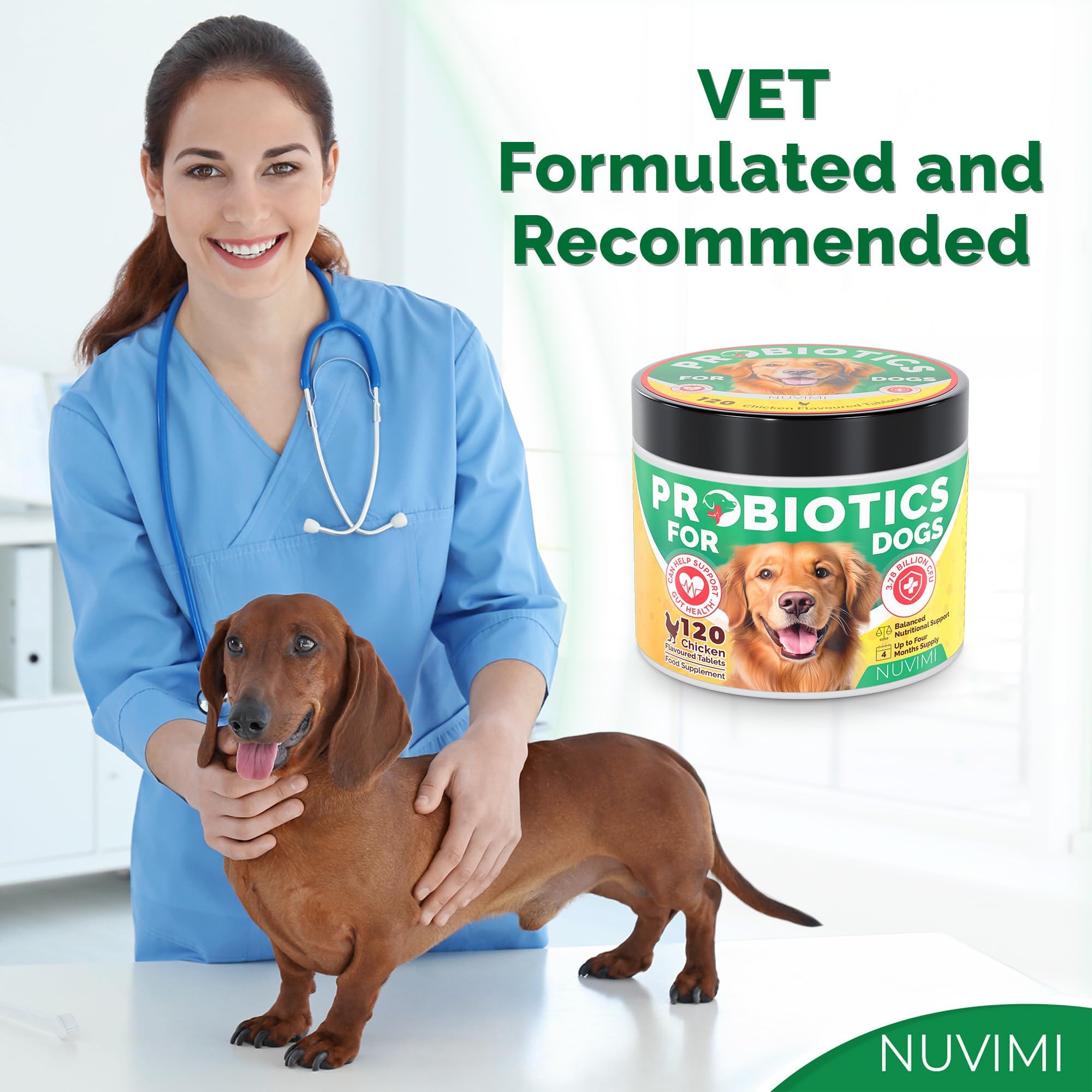 NUVIMI Probiotics for Dogs healthy gut illustration hints at digestion and immune support.