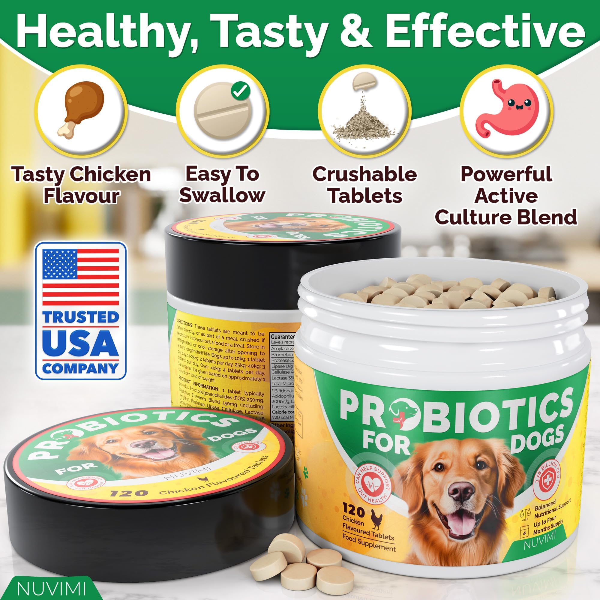 NUVIMI Probiotics for Dogs ingredients label close-up reveals 5-strain blend and non-GMO formula.