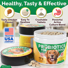 NUVIMI Probiotics for Dogs ingredients label close-up reveals 5-strain blend and non-GMO formula.