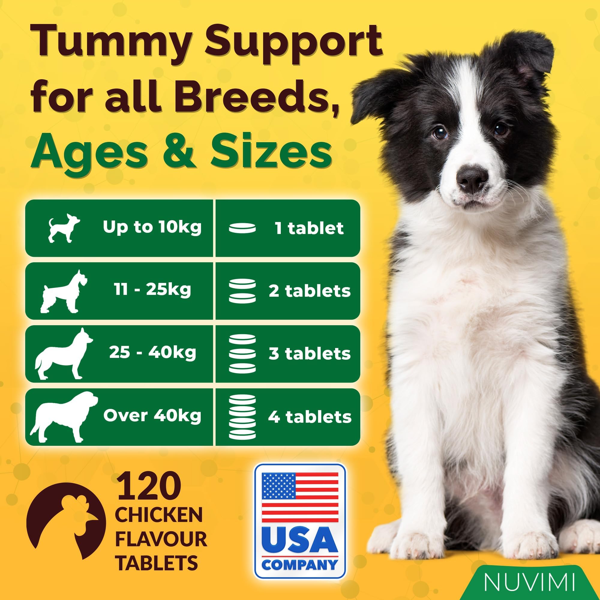 NUVIMI Probiotics for Dogs pills close-up emphasizes active enzymes and multi-ingredient support.