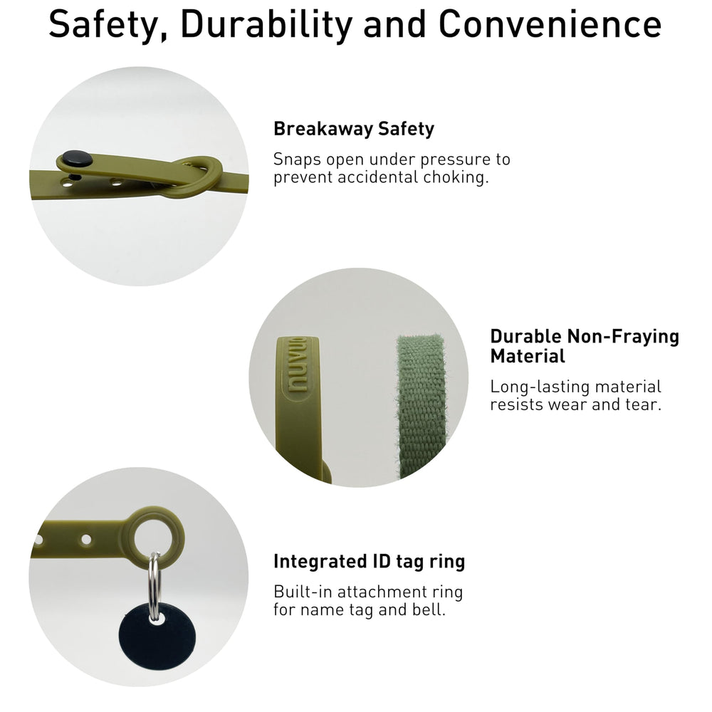 Nuvuq breakaway cat collar green demonstrates safety buckle for outdoor cats.