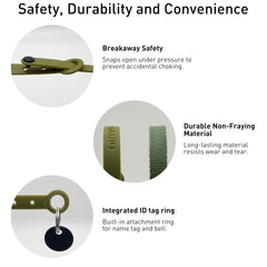 Nuvuq breakaway cat collar green demonstrates safety buckle for outdoor cats.