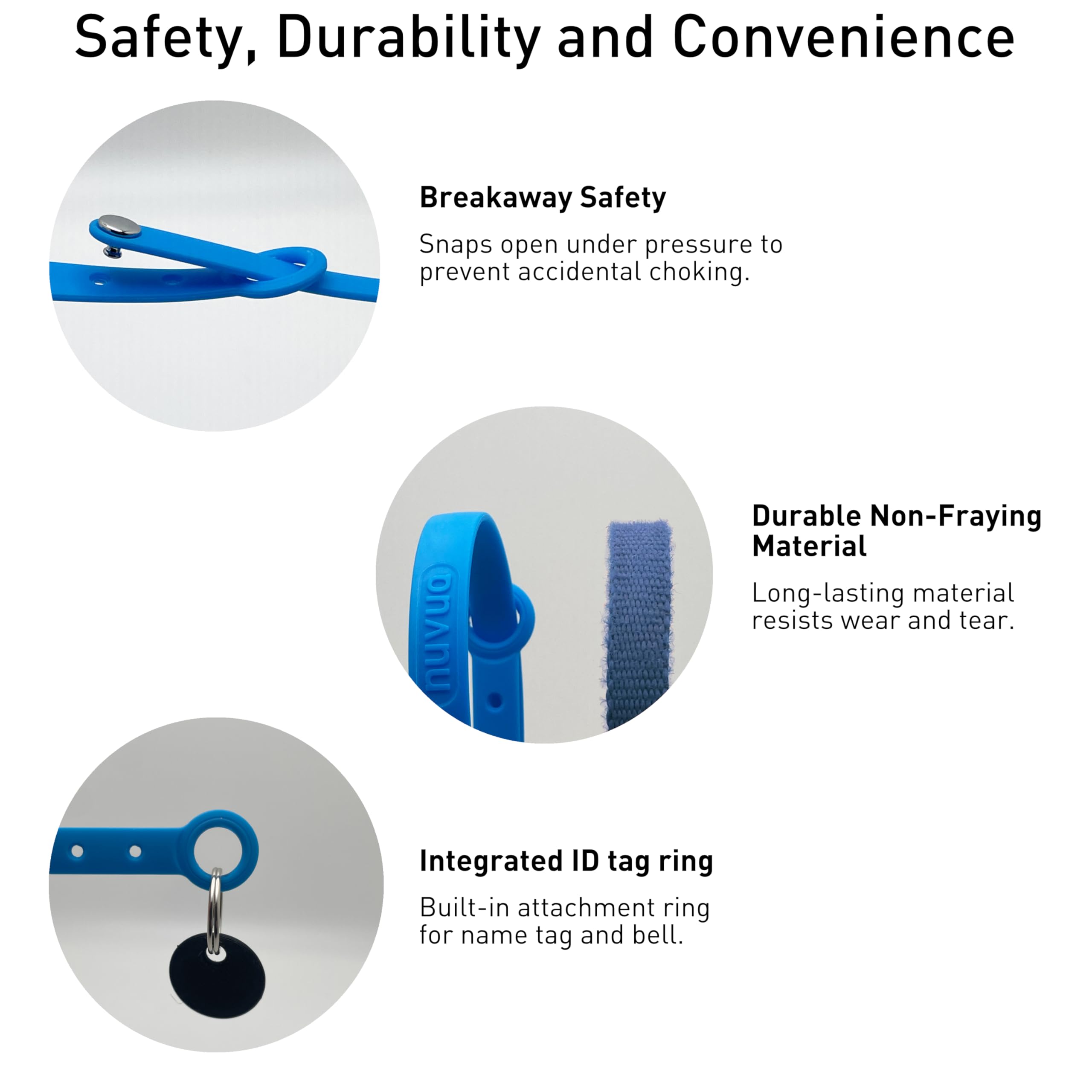 Nuvuq Breakaway Collar blue adjustable-length closeup illustrates growing-cat fit.