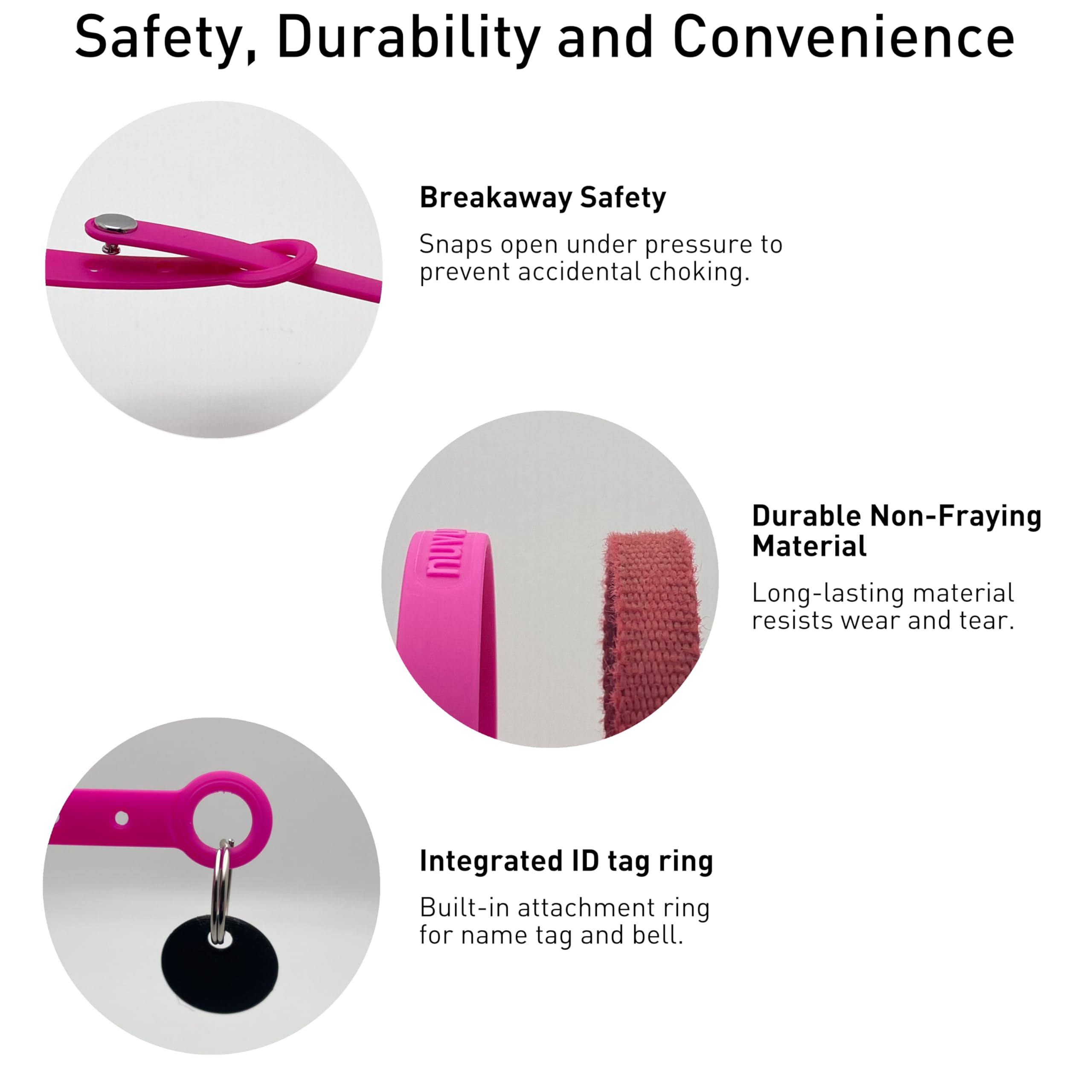 Nuvuq Breakaway Collar pink adjustable range demonstrates growing kitten to adult cat fit.