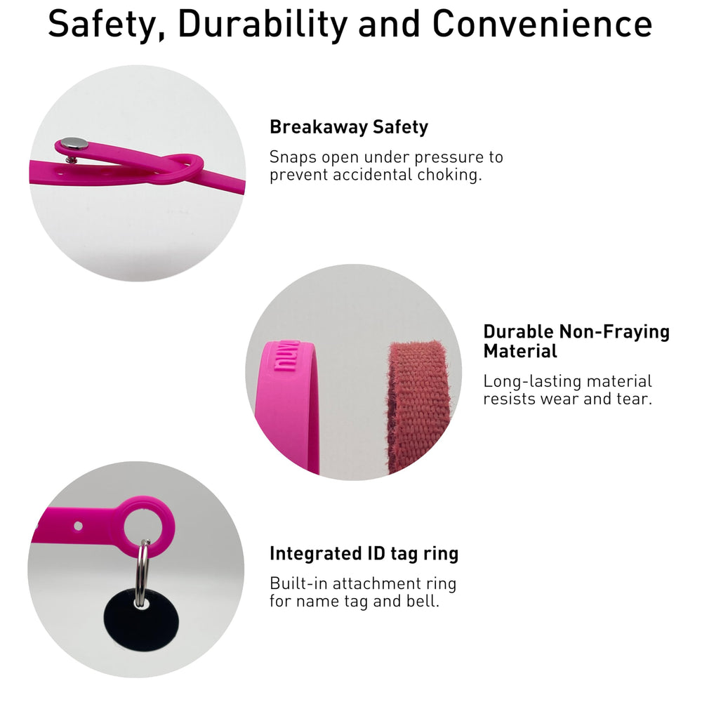 Nuvuq Breakaway Collar pink adjustable range demonstrates growing kitten to adult cat fit.